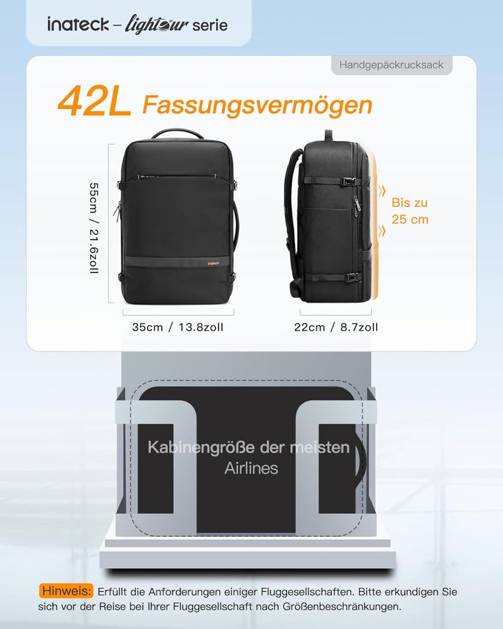 Inateck 42L Supergrosser Handgepäck Reiserucksack Flugzeug Laptop Rucksack für 15,6 Zoll Laptop Note