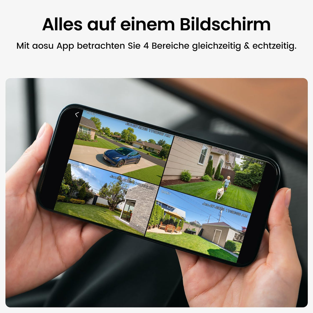 aosu 2K Überwachungskamera Aussen Solar Akku 4 Cam-Kit mit Aosubase Integrierte Solarplatte Kein ABO