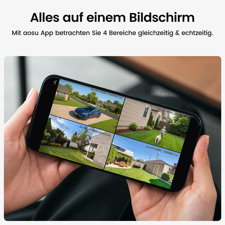 aosu 2K Überwachungskamera Aussen Solar Akku 4 Cam-Kit mit Aosubase Integrierte Solarplatte Kein ABO