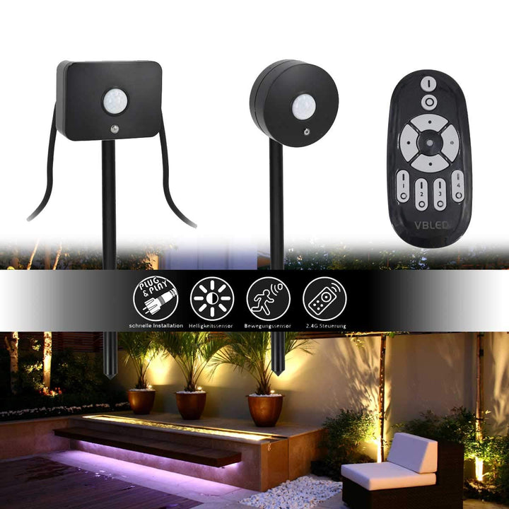Gartus® Garten-Lichtkontrollsystem Dämmerungssensor aussen KIT inkl. 1x Basis-Set, 1x Funk-Bewegungs