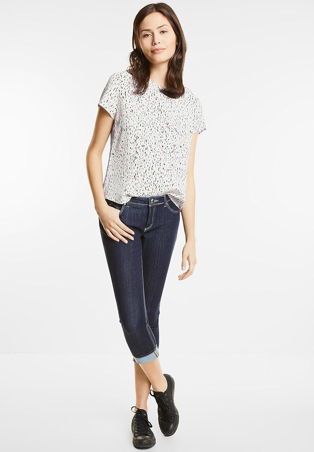 Street One Damen Bluse Farbe: Weiss/Schwarz/Rosa Gr. 38 Muster: gesprenkelt Kurzarm Sommerbluse mit