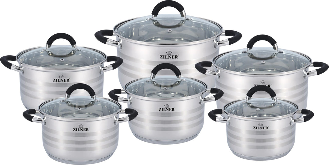 Topfset 12-teilig, Edelstahl, 6 Töpfe 2,1–6,5 L, Glasdeckel, Silber | Kochtopf Set für Induktion, Ga