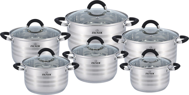 Topfset 12-teilig, Edelstahl, 6 Töpfe 2,1–6,5 L, Glasdeckel, Silber | Kochtopf Set für Induktion, Ga