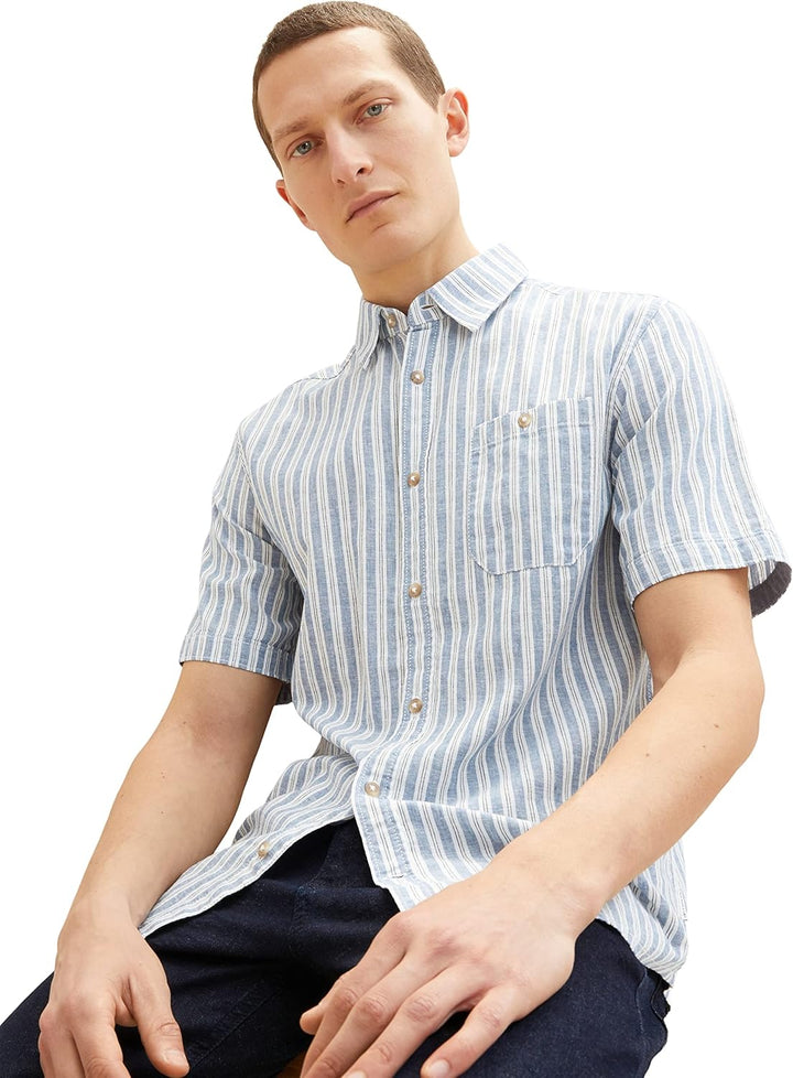 TOM TAILOR Herren Kurzarm-Hemd aus Leinen M 31243 - Blue Navy White Stripe, M 31243 - Blue Navy Whit