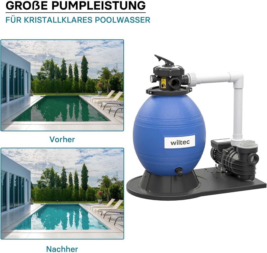 Wiltec Sandfilteranlage 550 W mit 38l Filtertank und selbstansaugender Pumpe 18000 l/h, Sandfilterpu
