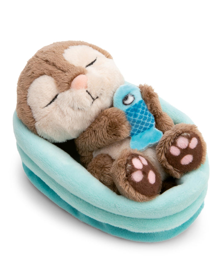 NICI Kuscheltier Otter mit Fisch 12cm schlafend im Körbchen - grau - Stofftier aus weichem Plüsch, n