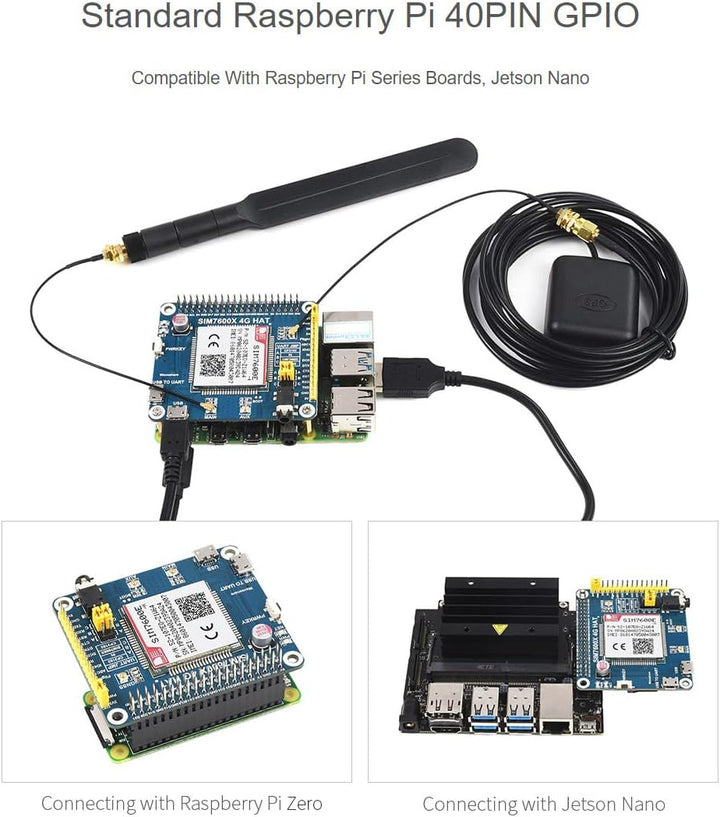 Waveshare 4G/3G/2G/GSM/GPRS/GNSS Hat for Raspberry Pi 4 Jetson Nano Based on SIM7600E-H Supports LTE