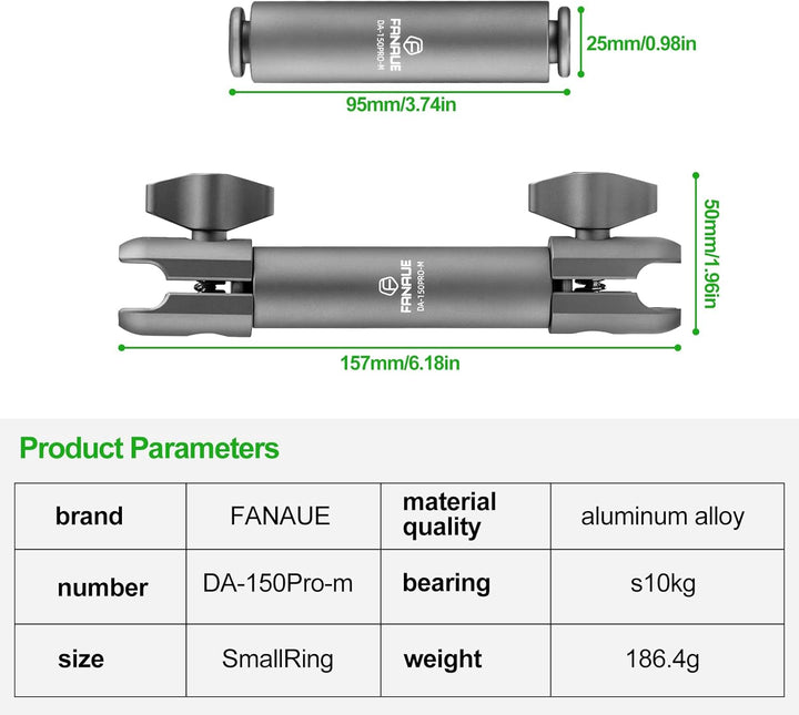 FANAUE - 15 cm Doppelhülsenarm, Halterung kompatibel mit 2 cm Arm, Aluminiumkonstruktion, passt auf