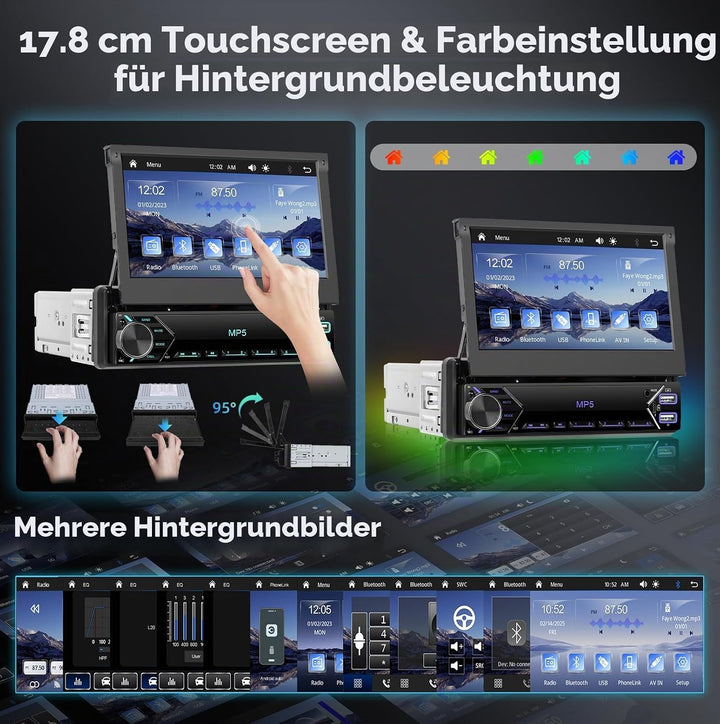 Hodozzy Autoradio 1 Din mit Wireless CarPlay Android Auto, 7 Zoll Ausfahrbarem Touchscreen Bluetooth