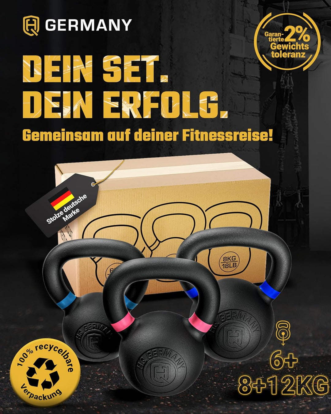 HQ Germany® Powdercoat Kettlebell | Vollguss | 2-32kg | Starter-Sets | ±2,0% Gewichtstoleranz +Start