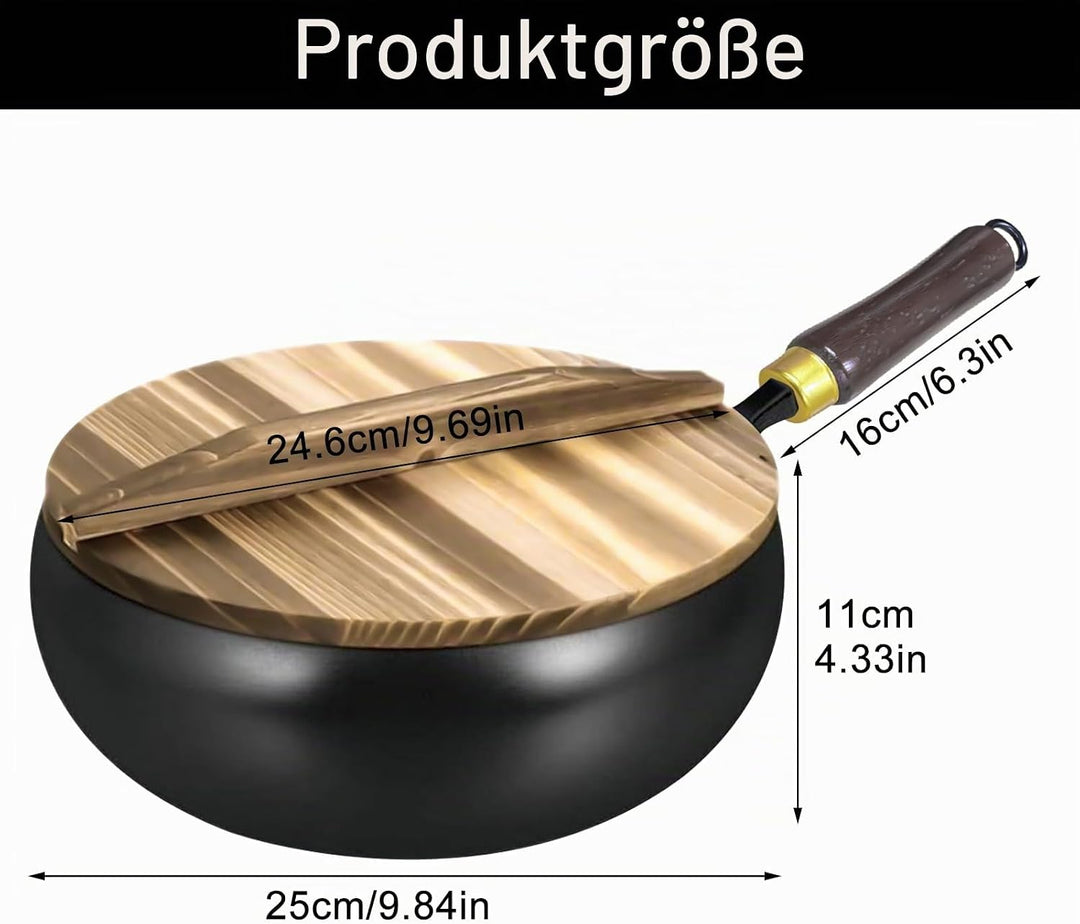 Eisenpfanne Ohne Beschichtung,Eisenpfanne Mit Holzdeckel, Multifunktionaler Eisenpfanne Geschmiedet,