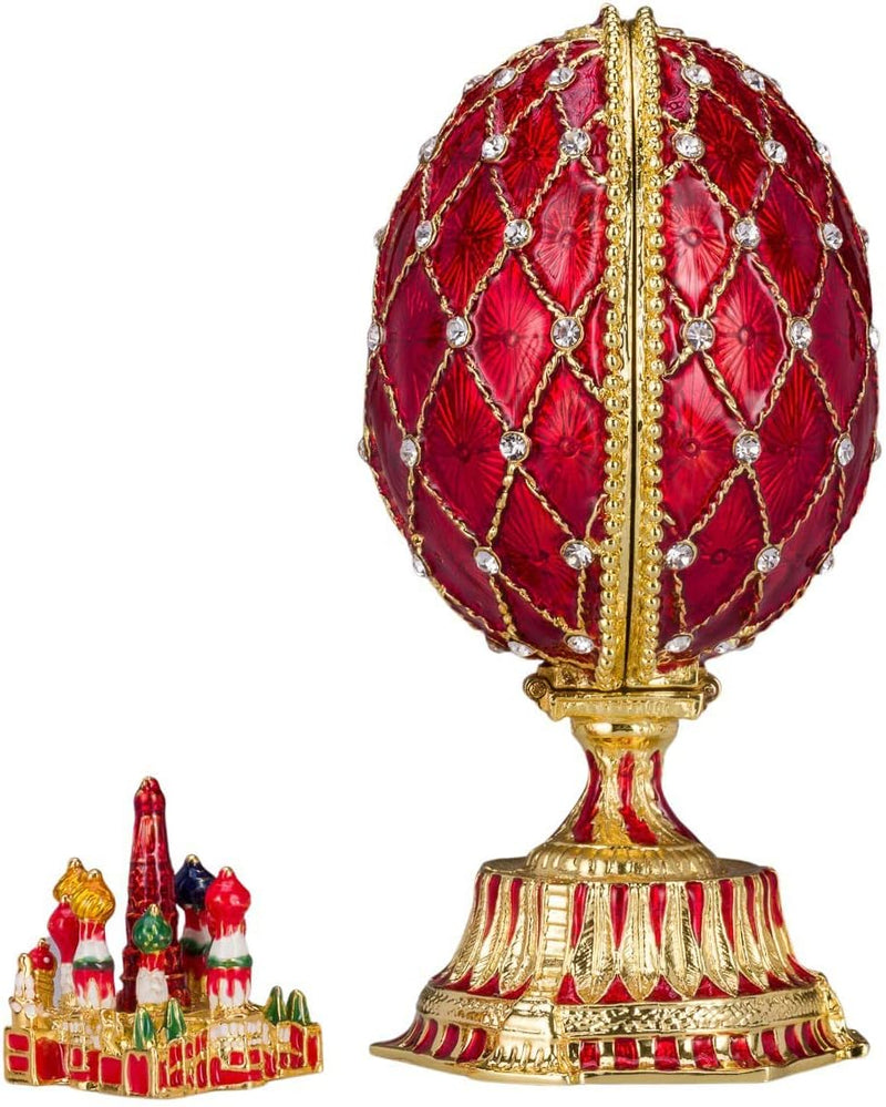 Danila-Souvenirs Fabergé-Stil Ei mit Basilius-Kathedrale 12 cm rot