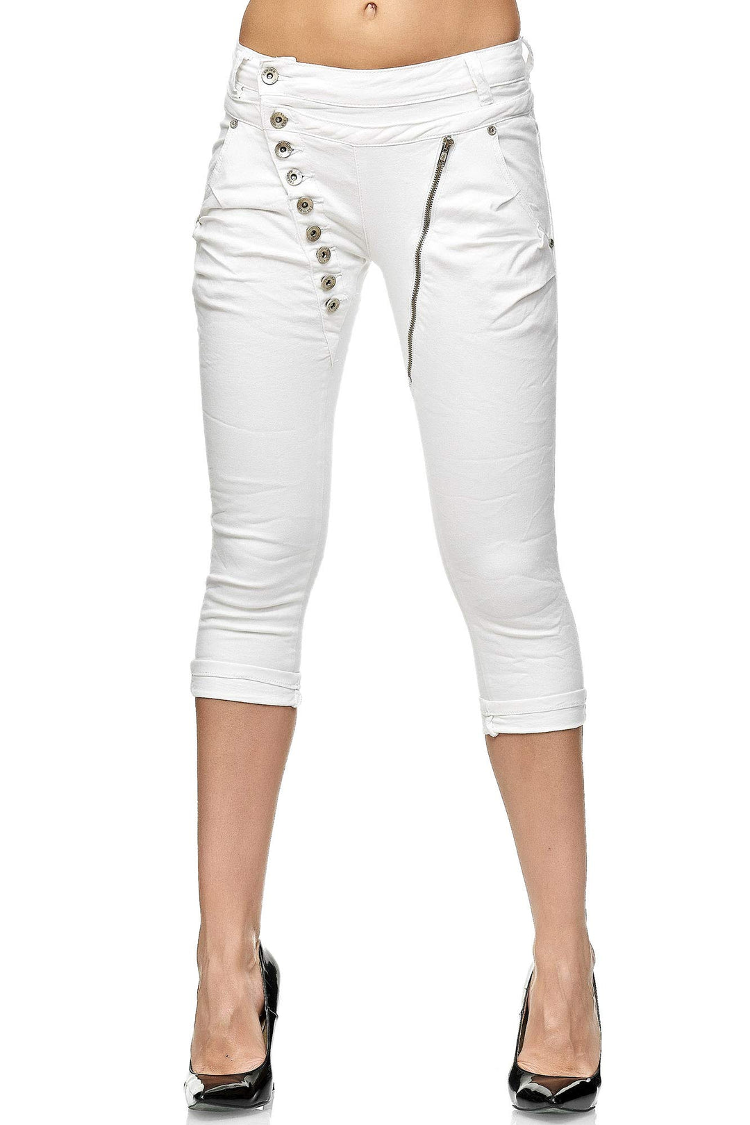 Elara Damen 3/4 Jeans Slim High Waist Capri Hose Chunkyrayan 36 Slim Weiss, 36 Slim Weiß