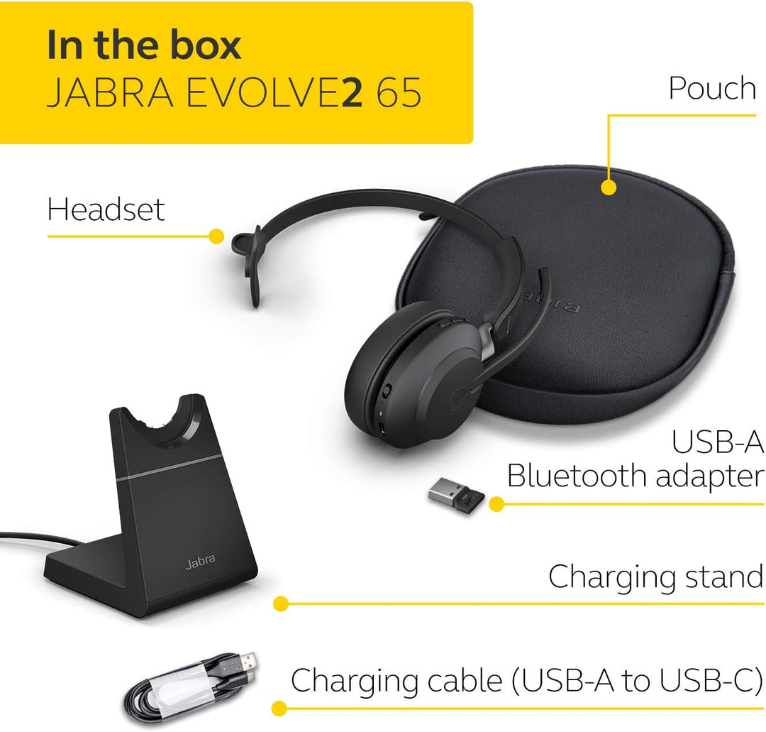 Jabra Evolve2 65 Wireless PC Headset with Charging Stand – Noise Cancelling UC Certified Mono Headph