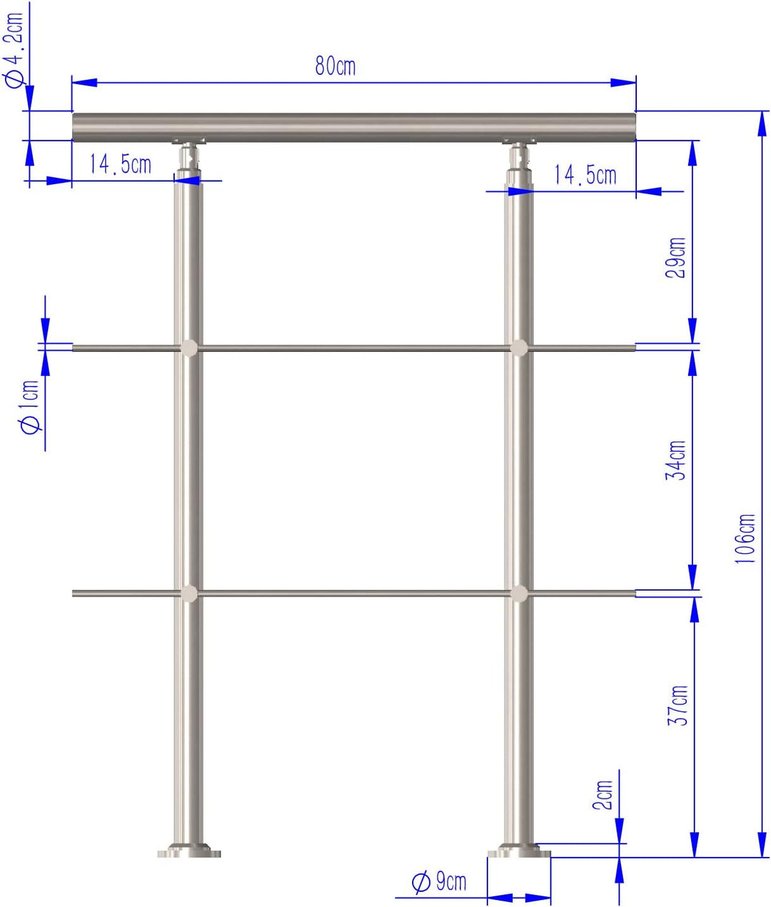 CAVATINY Edelstahl Handlauf Geländer für Treppen Brüstung Balkon mit 2 Querstreben - Innen und Ausse