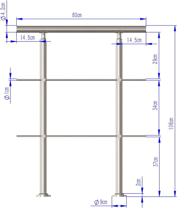 CAVATINY Edelstahl Handlauf Geländer für Treppen Brüstung Balkon mit 2 Querstreben - Innen und Ausse