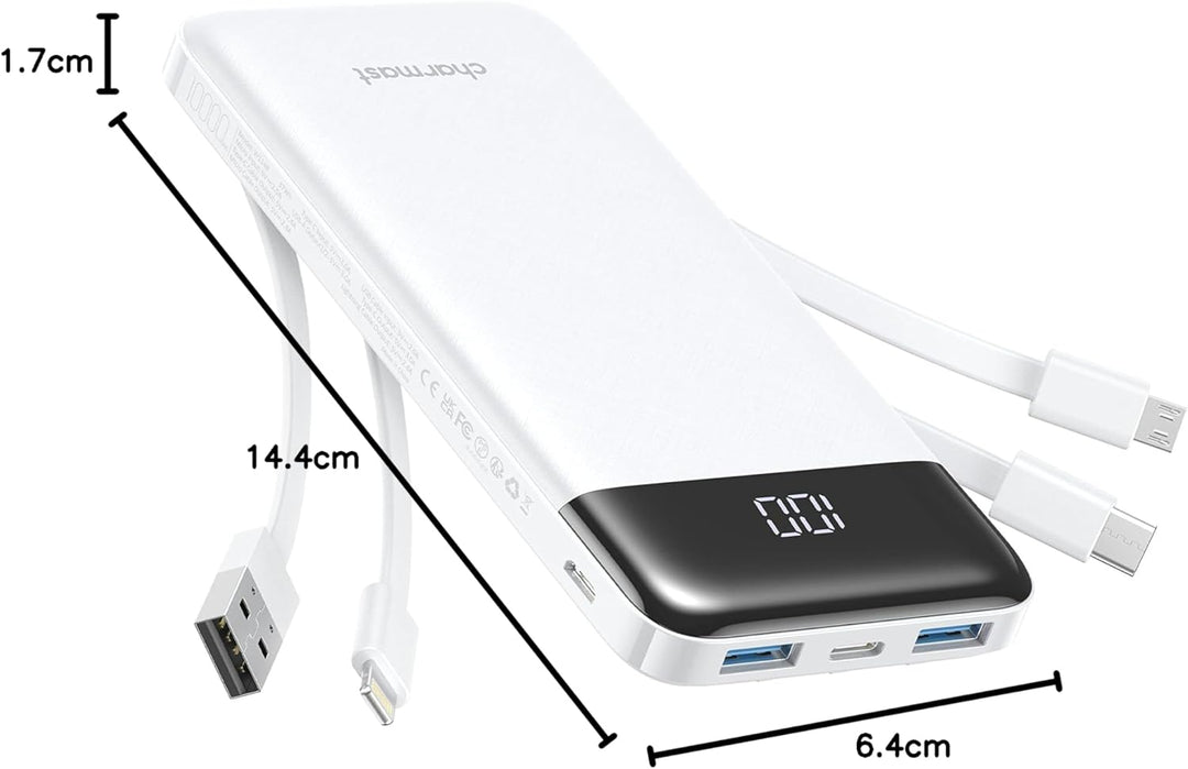 Charmast Power Bank, Slim 10000mAh Powerbank mit USB-C Kabel und LED-Display, 6 Ausgängen Klein Aber