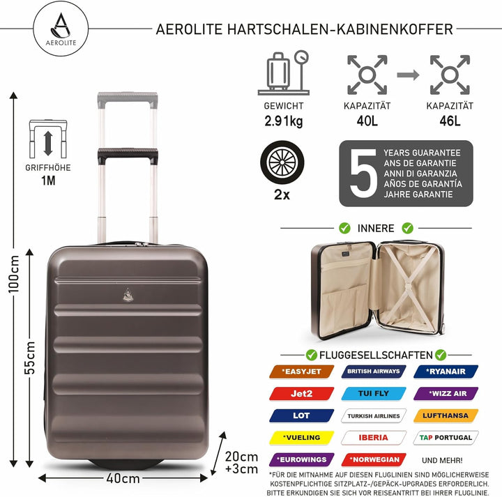 Aerolite Ryanair Reisekoffer mit 2 Rädern, maximale Zulassung, 40 l, Hartschale, 55 x 40 x 20 cm, au
