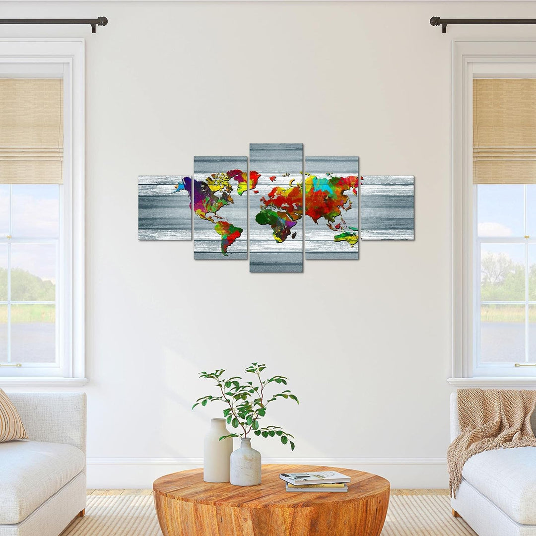 Runa Art Bild Büro Wohnzimmer Weltkarte 5 Teilig Kontinente Holz Bunt Wandbilder auf Vlies Leinwand