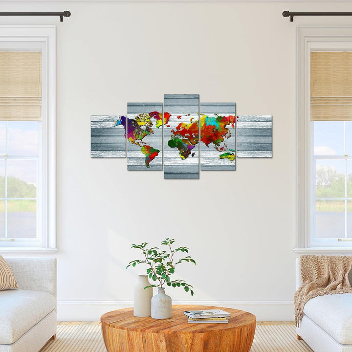 Runa Art Bild Büro Wohnzimmer Weltkarte 5 Teilig Kontinente Holz Bunt Wandbilder auf Vlies Leinwand