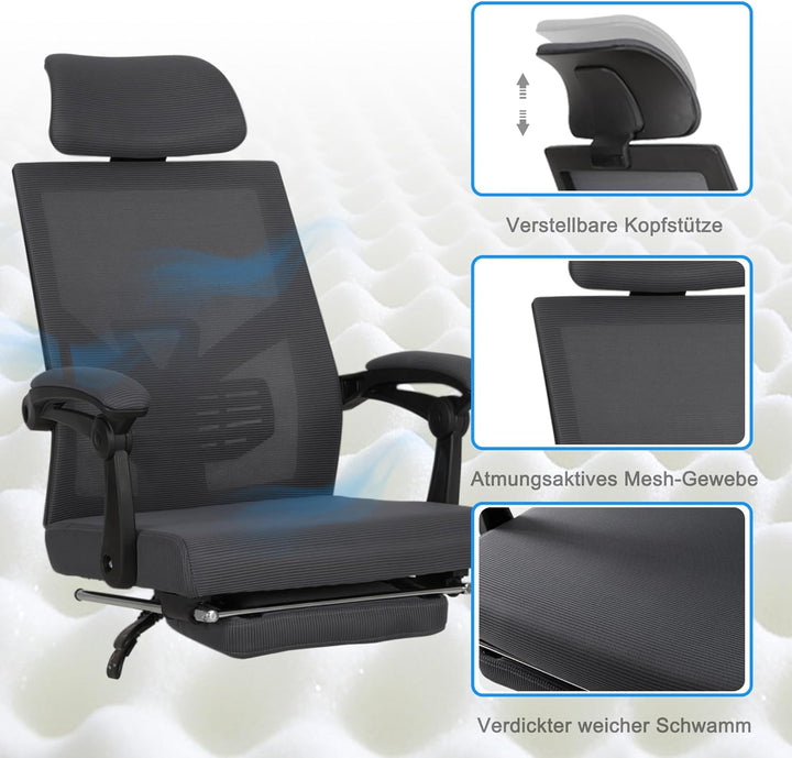 UEV Bürostuhl Ergonomisch, Drehstuhl, Schreibtischstuhl mit Verstellbarer Kopfstütze Lendenwirbelstü