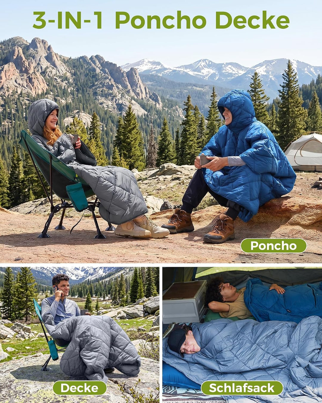 ATEPA Camping Poncho Decke & Tragbarer Schlafsack – Ultraleichte Warme Outdoor Decke Aus Recycelten