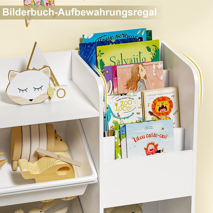 HOMMPA Holz Kinder Bücherregal Kinderregal mit 4 Boxen und Schubladen kommode Kinderzimmer Regal Wei