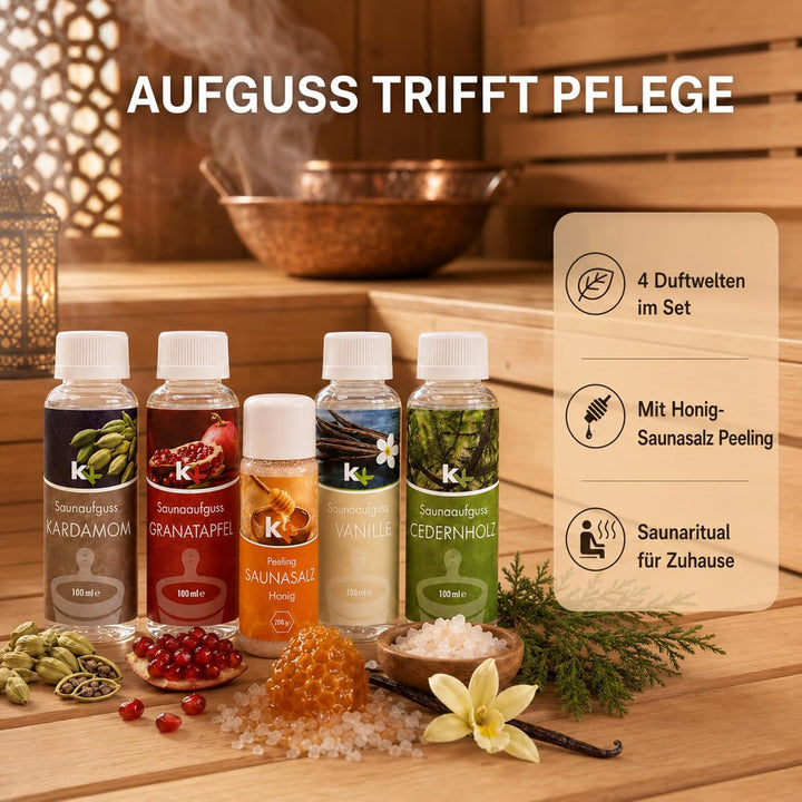 KK Sauna -Set mit Salz Peeling | KK Saunaaufgussset"Orient" 4 x 100 ml + 200 g KK Saunasalz"Honig" |