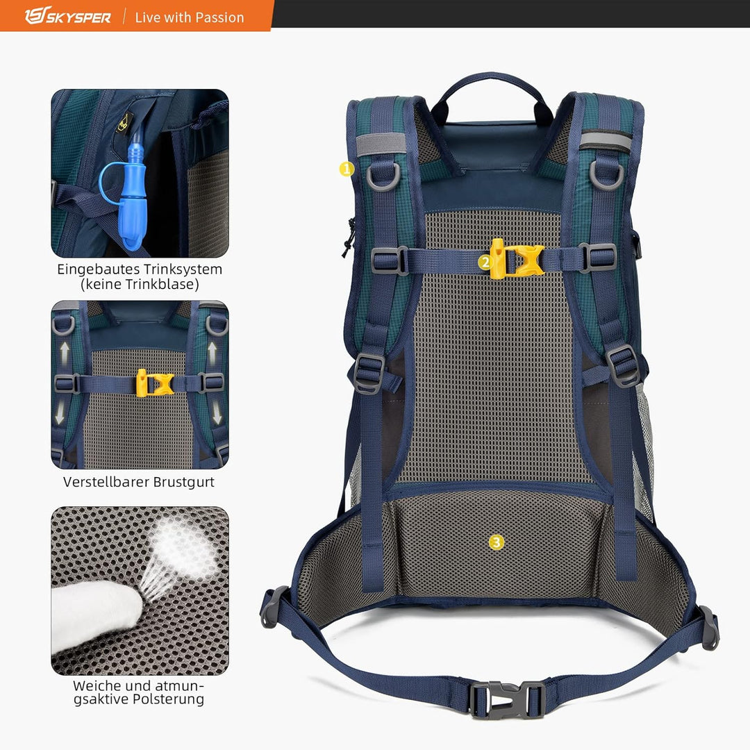 SKYSPER Wanderrucksack 30L Trekkingrucksack Wasserfest mit Rückenbelüftung und Netzrücken Tagesausfl