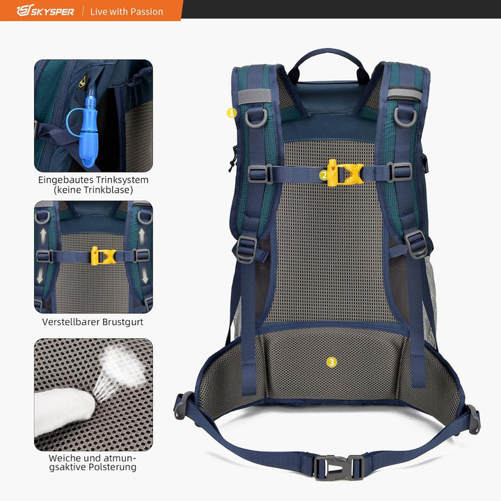 SKYSPER Wanderrucksack 30L Trekkingrucksack Wasserfest mit Rückenbelüftung und Netzrücken Tagesausfl