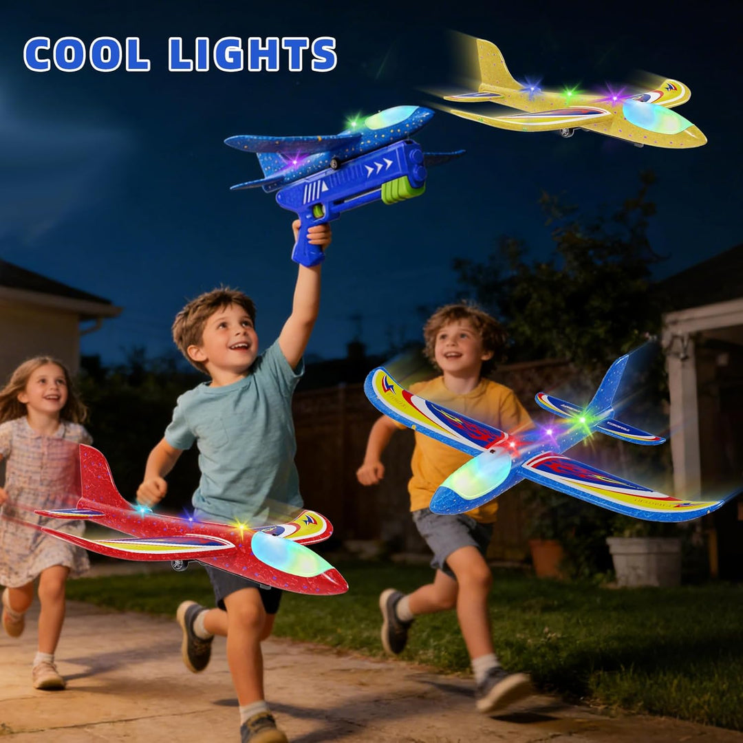 Doloowee Jungen Flugzeug Spielzeug, 3 styroporflieger mit 1 Katapult, 2 Flug Modi & LED Beleuchtung,