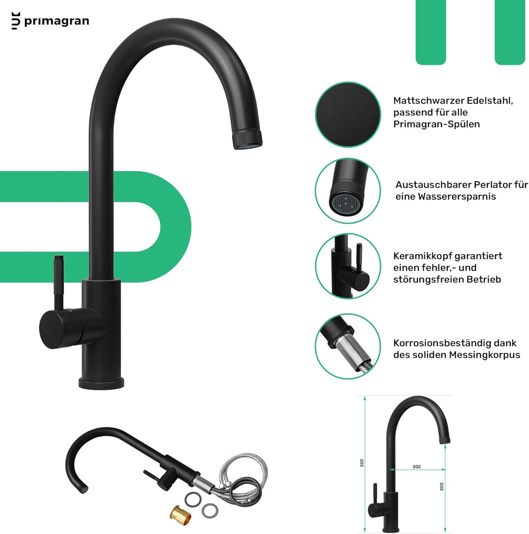 PRIMAGRAN Spülbecken Schwarz 78x50cm, Spülbecken 1 Becken + Küchenarmatur 32x20cm + Ablauf-Set, Küch
