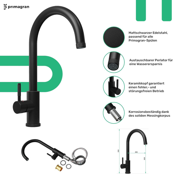 PRIMAGRAN Spülbecken Schwarz 78x50cm, Spülbecken 1 Becken + Küchenarmatur 32x20cm + Ablauf-Set, Küch