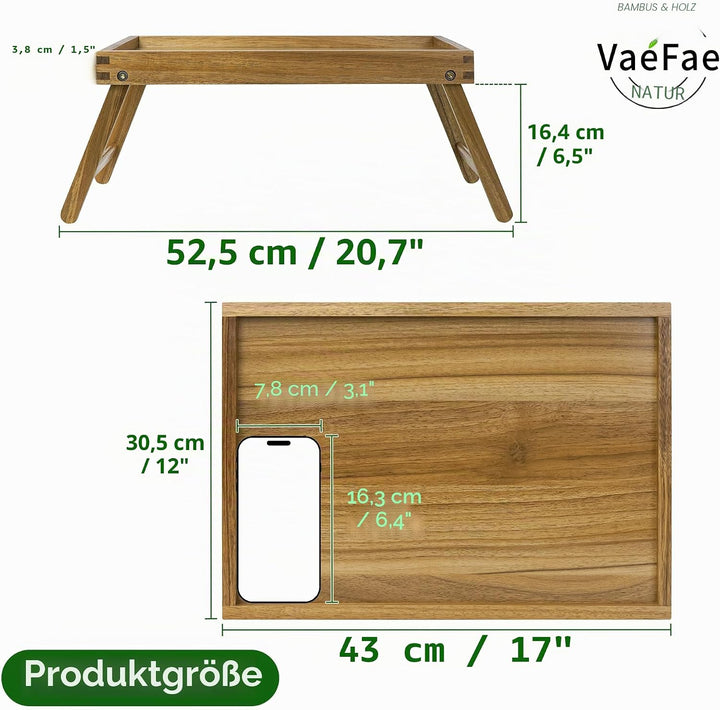 VaeFae Akazie Bett Tisch Tablett, Holz Frühstückstablett mit Klappbeinen, Betttablett für Essen und