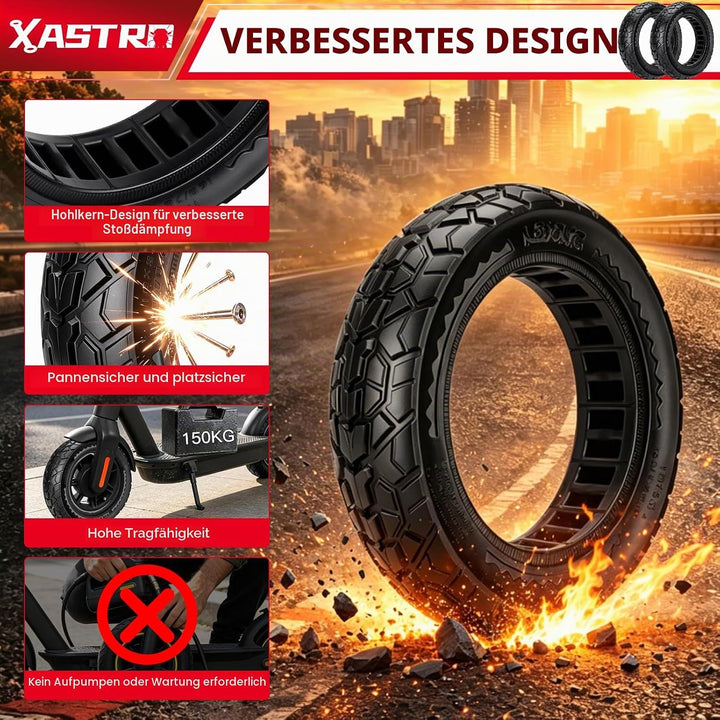 Xastro 2 PCS 10x2,50 Solid Scooter Reifen, 10 zoll E Scooter Reifen 60/70-6.5, Schlauchloser Reifen