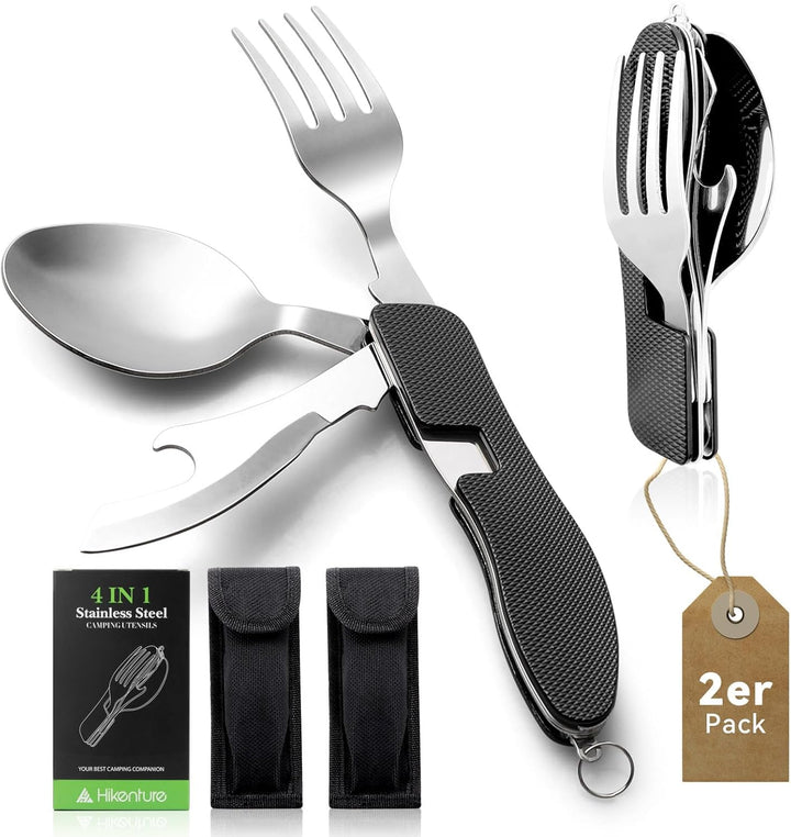 HIKENTURE® Outdoor Campingbesteck Set - Klappbesteck Outdoor Besteck aus Edelstahl mit Gürteltasche