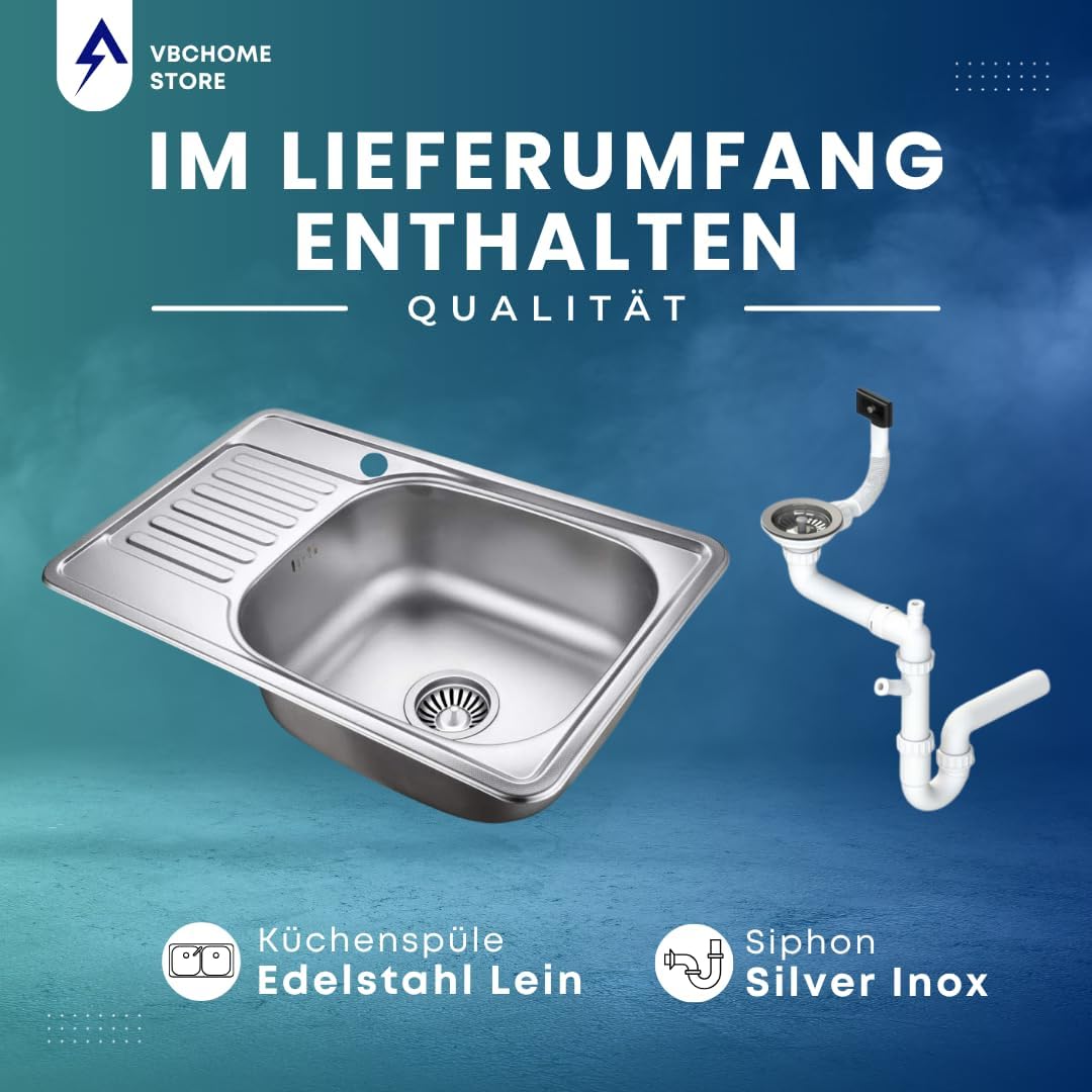 VBChome Einbauspüle 66x42 Leinenstruktur Edelstahl Küchenspüle mit Hahnloch Spüle Ablagefläche Abtro