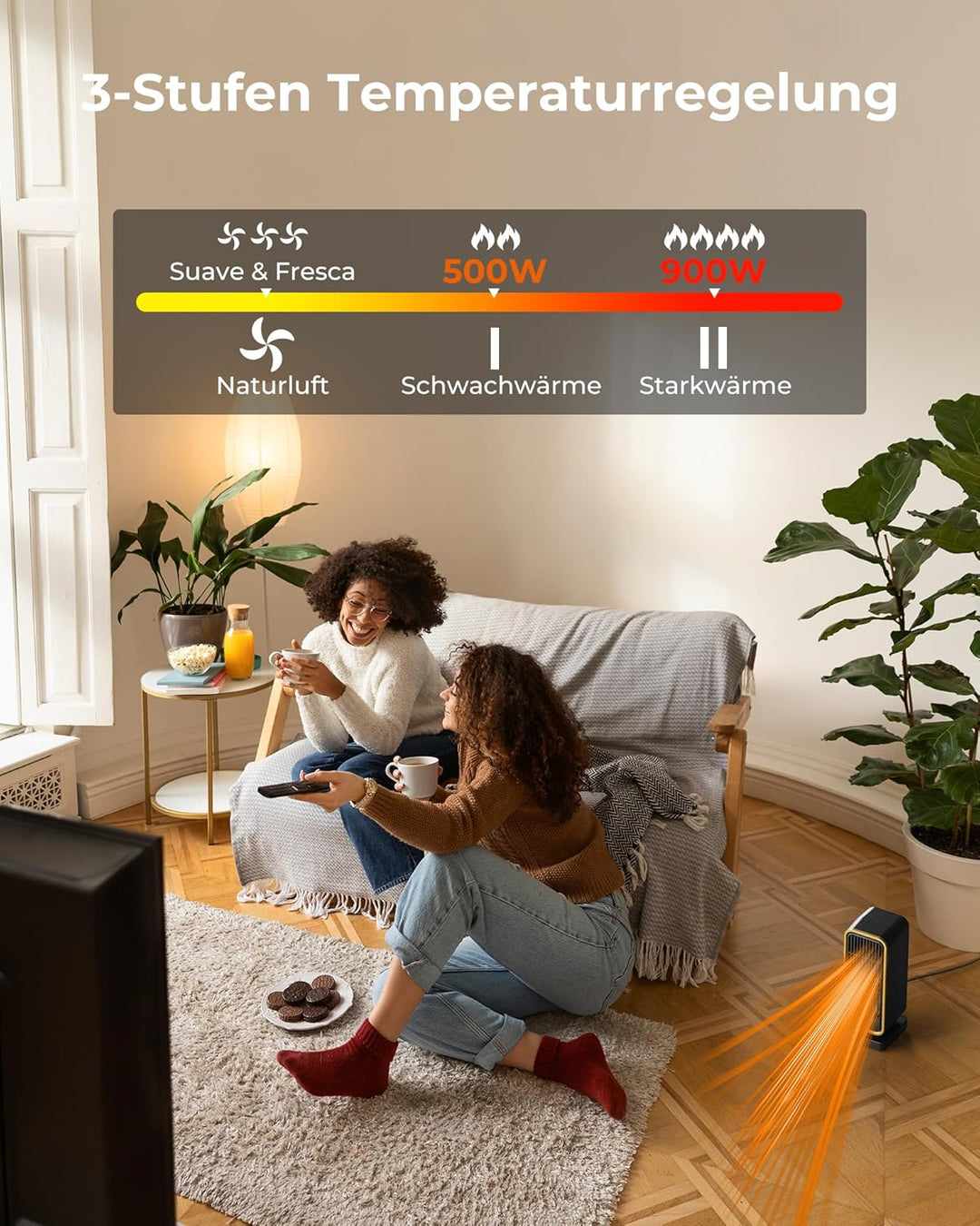 Energiesparender Heizlüfter Klein Leiser - 900W PTC Keramik Schnell Heizung Elektroheizung, 3 Gänge