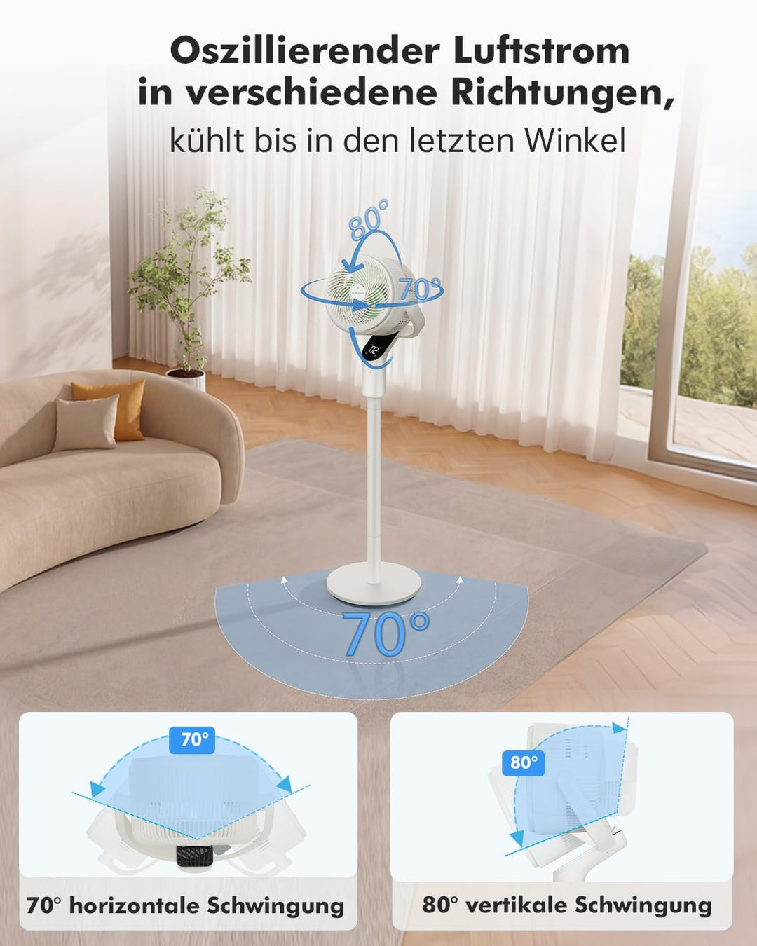WOWDSGN Standventilator mit Fernbedienung, leiser Ventilator 22 dB, Windgeschwindigkeit 7,2 m/s, 70°