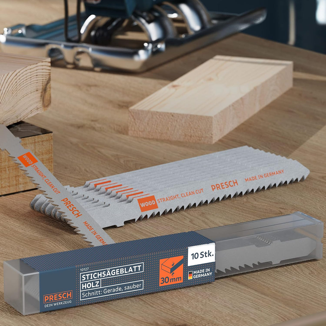 Presch Stichsägeblätter Holz 10 Stk. - Sehr sauberer, gerader Feinschnitt (3-30mm) - Langlebige T-Sc