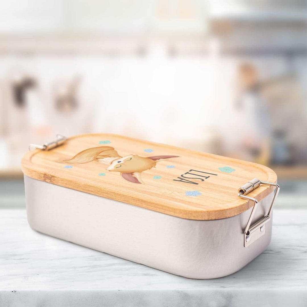 GRAVURZEILE Brotdose aus Edelstahl mit bedrucktem Bambusholzdeckel - Lunchbox mit Fuchs Motiv - Pers