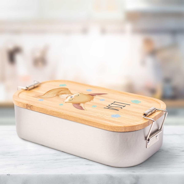GRAVURZEILE Brotdose aus Edelstahl mit bedrucktem Bambusholzdeckel - Lunchbox mit Fuchs Motiv - Pers