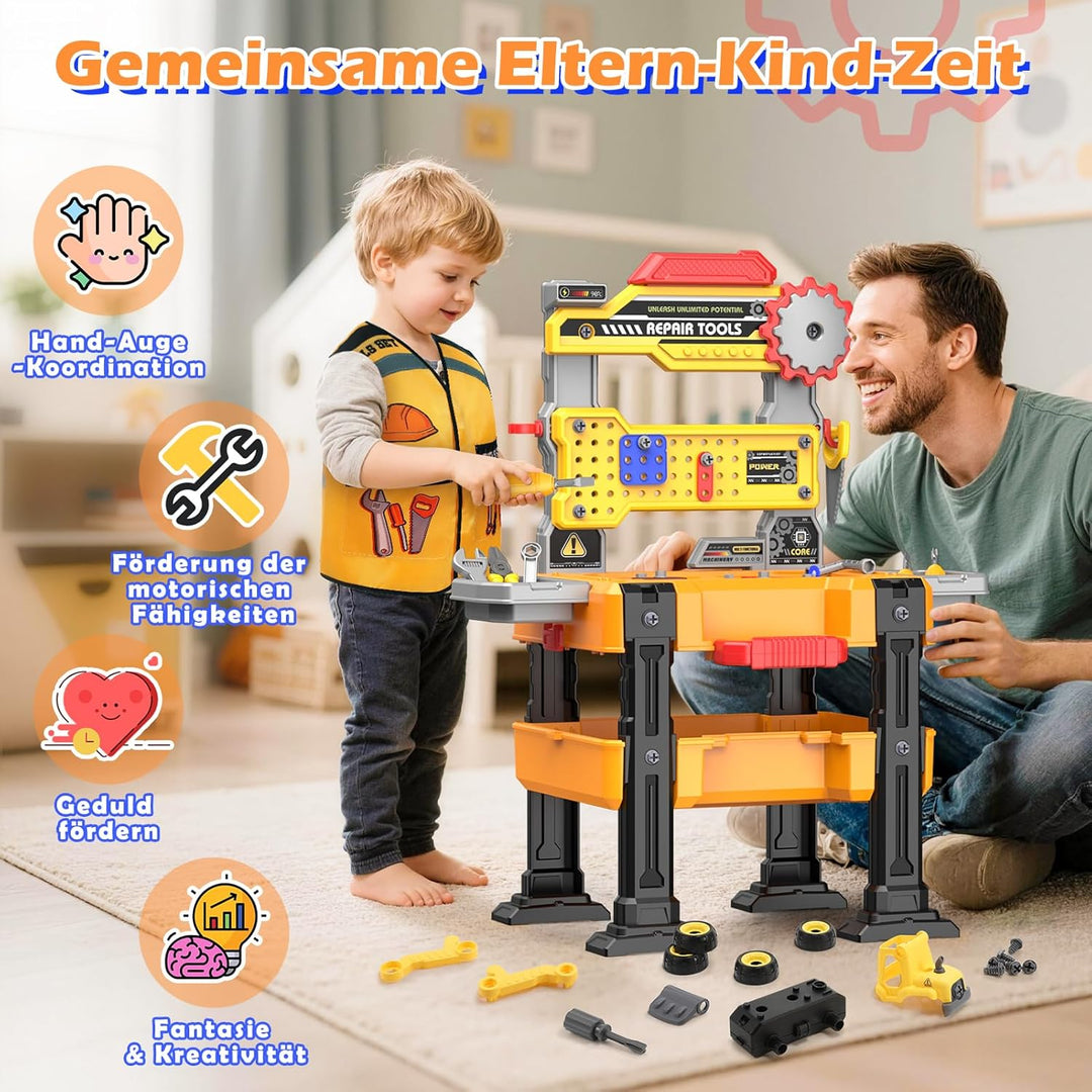 Spielzeug ab 3 Jahre: Kinder Werkzeugbank mit Echtem Elektro-Bohrer & Abbaubaren Baufahrzeugen, Kons