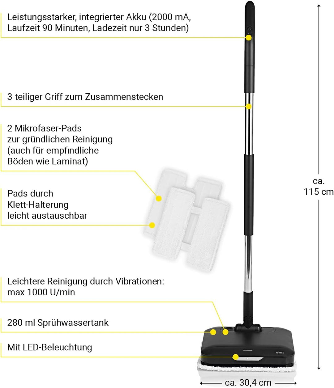 N8WERK Bodenwischer mit Vibrationsfunktion in der Midnight Black Edition | LED-Beleuchtung & 2 Mikro