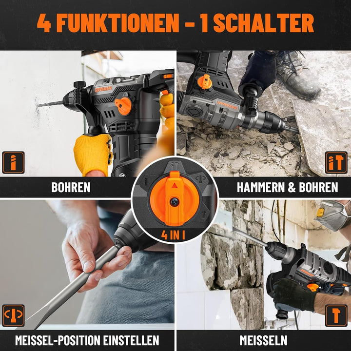 DOVAMAN RH15A 40MM Bohrhammer SDS-Plus, 4 in 1 Funktionen, Mehrmaterialnutzung, 1500W/7J, Sicherheit