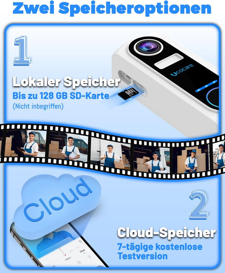 WLAN Video Türklingel mit Kamera, UCOCARE 2K 4MP Video, Nachtsicht, IP67, SD &amp; Cloud Speicher, Video