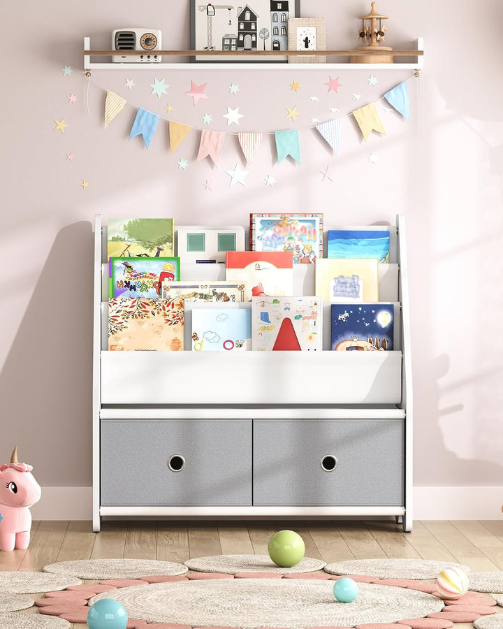 Kinder Bücherregal, Kinderregal, Spielzeug-Organizer, mit 3 Stofffächern und 2 herausziehbaren Spiel