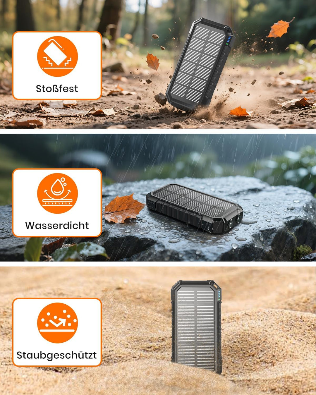 Solar Powerbank 20000mAh – 15 W Schnellladegerät, Tragbares Ladegerät, 3 integrierte Kabel mit LED-T