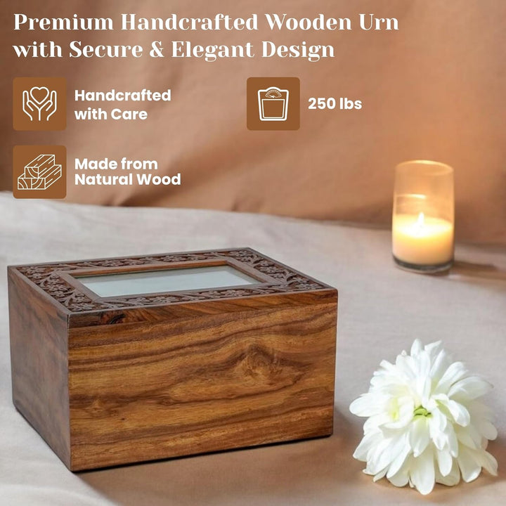 Rosewood Border Gravierte Holzurne für menschliche Asche Erwachsene – Handgefertigte Foto-Beerdigung