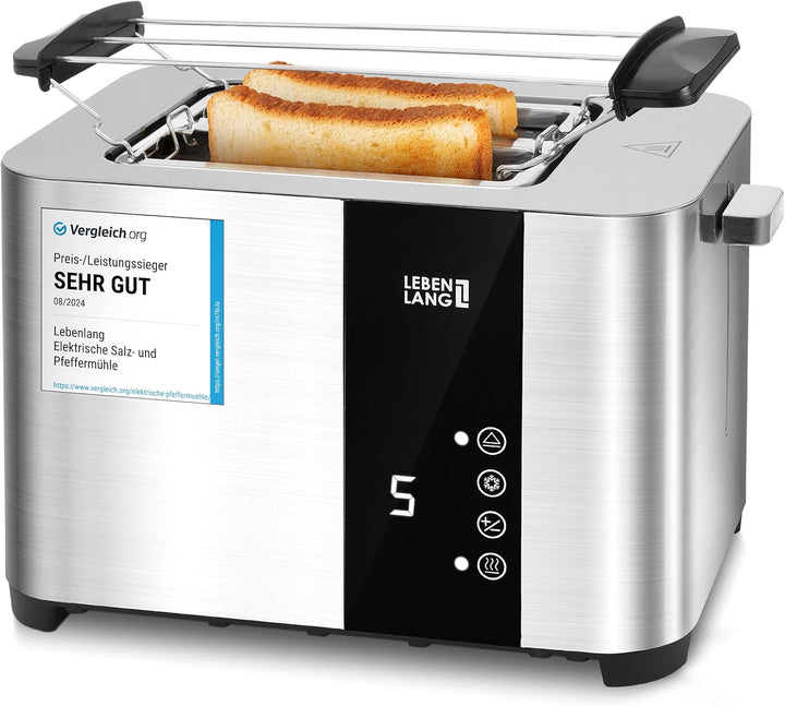 LEBENLANG Edelstahl Toaster mit Brötchenaufsatz 2 Scheiben - Touchscreen LED Display & 7 Stufen I 85